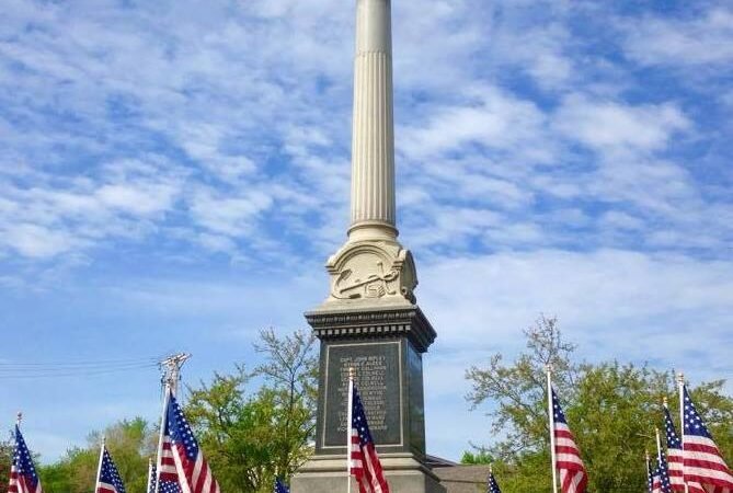 West Bridgewater, MA monument and flags